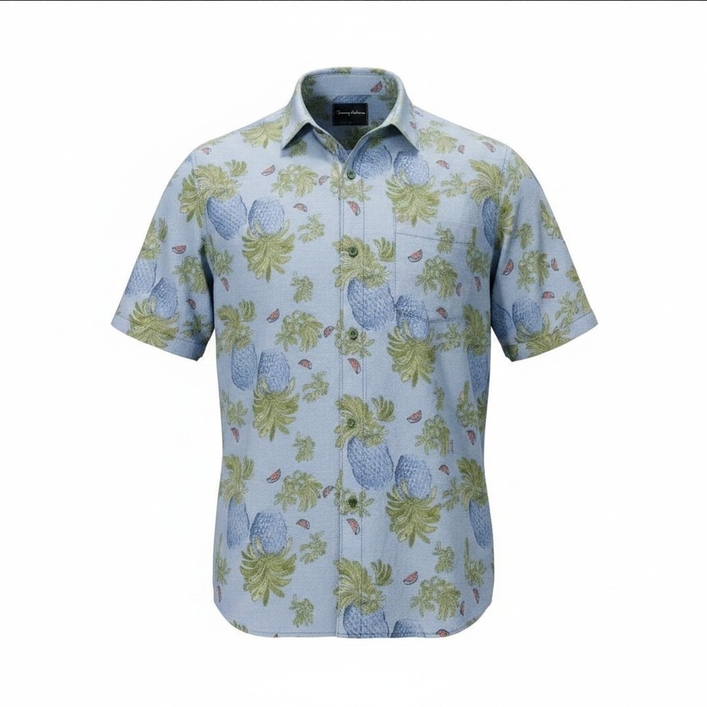 Tommy Bahama Hawaiian Shirt Mens 2XL Blue Silk Pineapple Tropical Camp Button Up